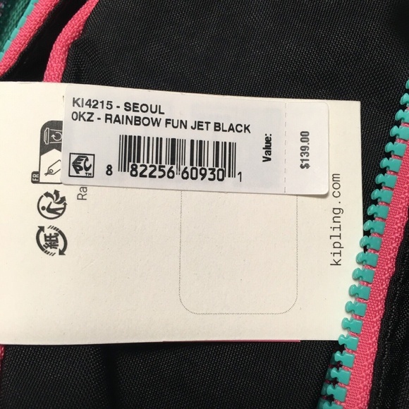 Kipling Seoul Backpack Laptop Travel Bag KI4215 Polyester Rainbow Fun Jet Black main image 11